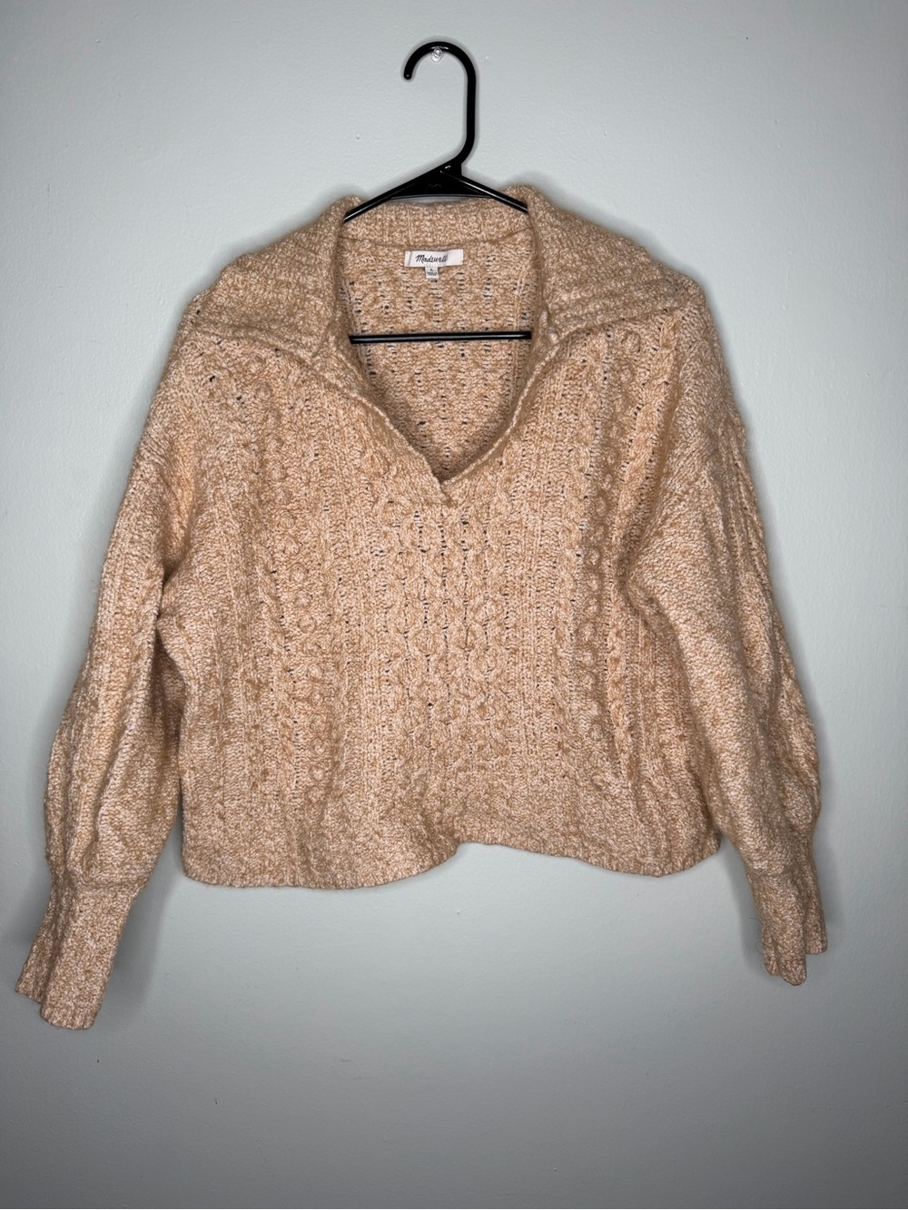 Madewell Women Cotton-Merino Wool Blend Cable-Knit Polo Sweater Large Tan Beige